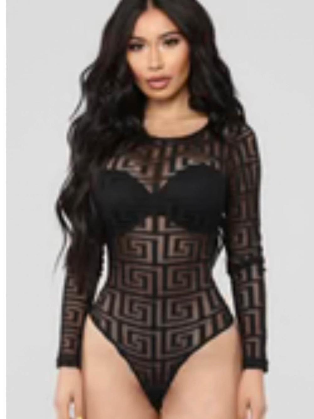 Fashion Nova Black Sheer Geometric Long-Sleeve Bodysuit